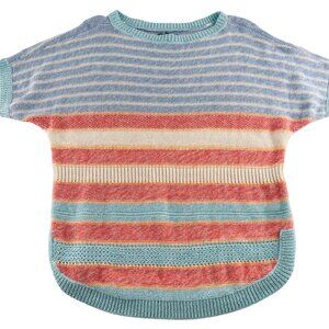 Chaps Sweater Womens Medium Boat Neck‎ Pullover Blue Orange Soft Short Sleeves